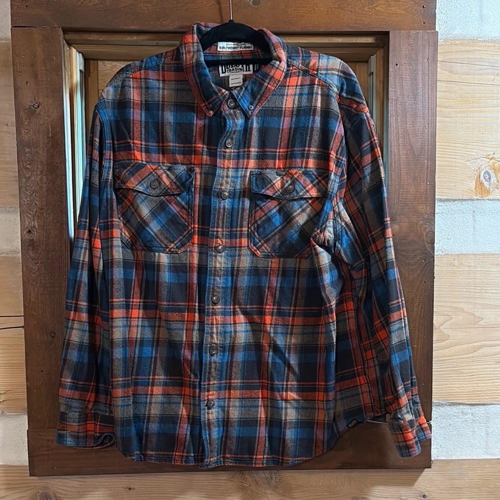 Duluth Trading Co Orange and Blue Casual Button Down Shirt